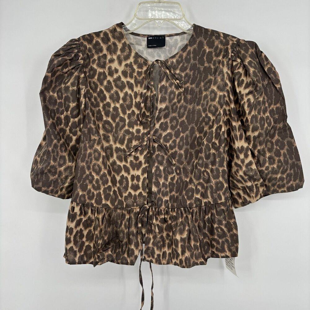 Asos Sz Mediu Tie Front Leopard Print Cotton Peplum Babydoll Top Puff Sleeve NWT - Picture 2 of 11